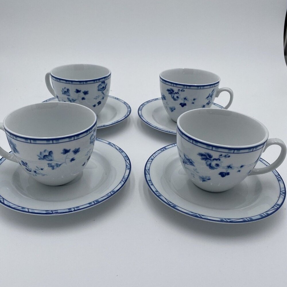 Laura Ahsley Cup Suacer Cereamic Set 4 Dishes Blue White Floral Cottage